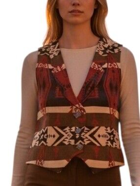 Vintage 90s Southwestern Tapestry Vest Aztec Tribal Western Saddle Blanket L USA
